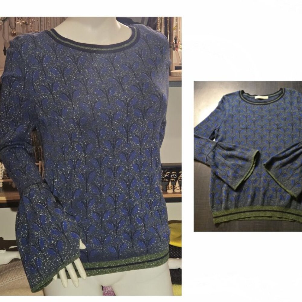 NEW Blue Green Flare Sleeve gold speckles Sweater Medium - Picture 6 of 12